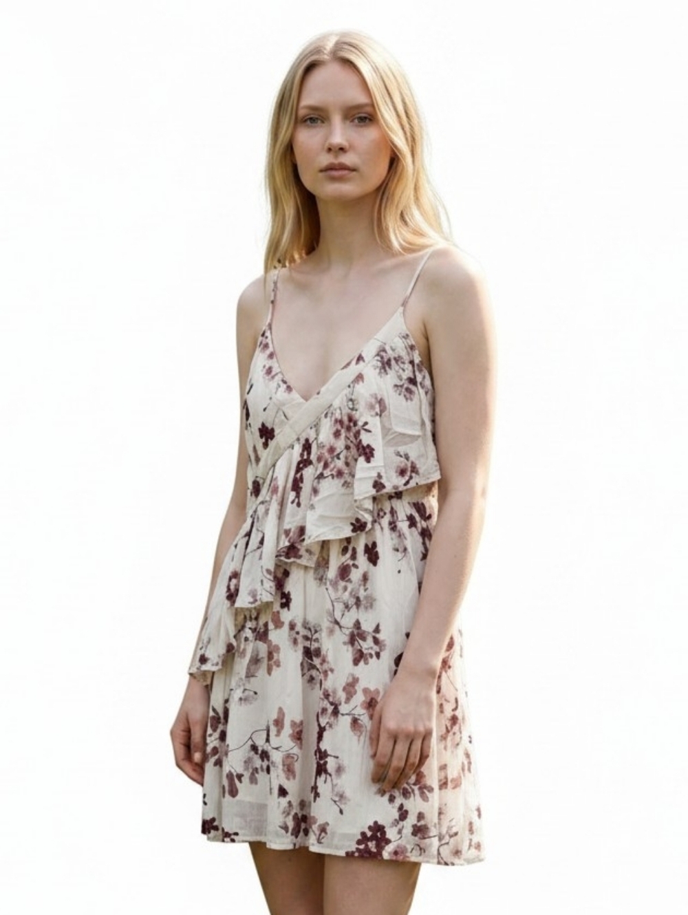Patrons of Peace Cherry Blossoms Floral Rayon Minidress with Ruffle Medium
